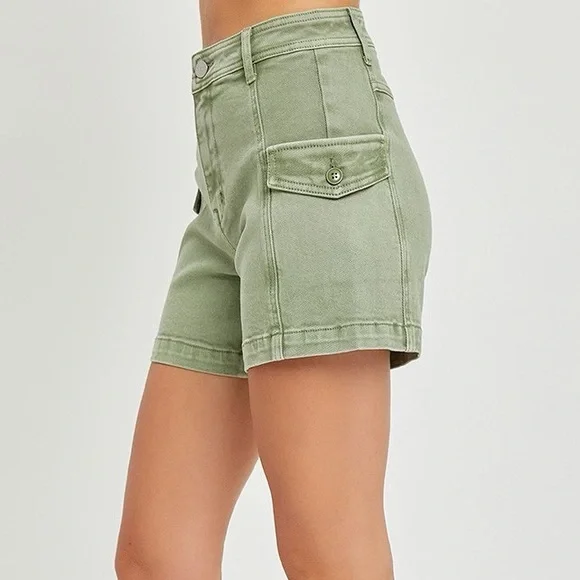 Risen High-Rise Olive Green Cargo Denim Shorts - Picture 3 of 3